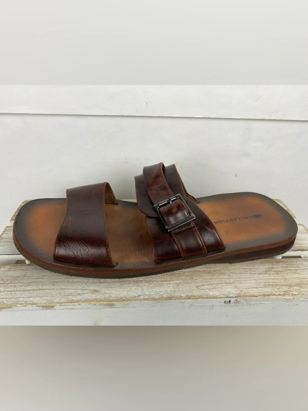 Skechers Collection Men’s leather brown slider sandals with buckle size 12